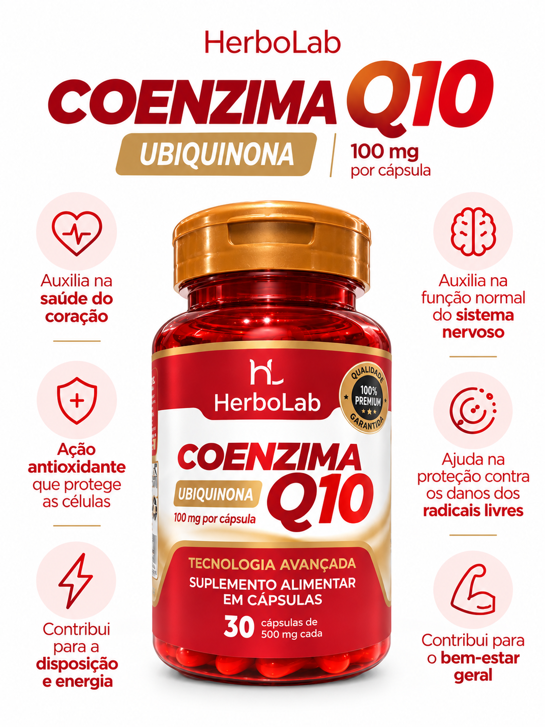 Coenzima Q10 100mg Ubiquinona HerboLab 30 Cápsulas