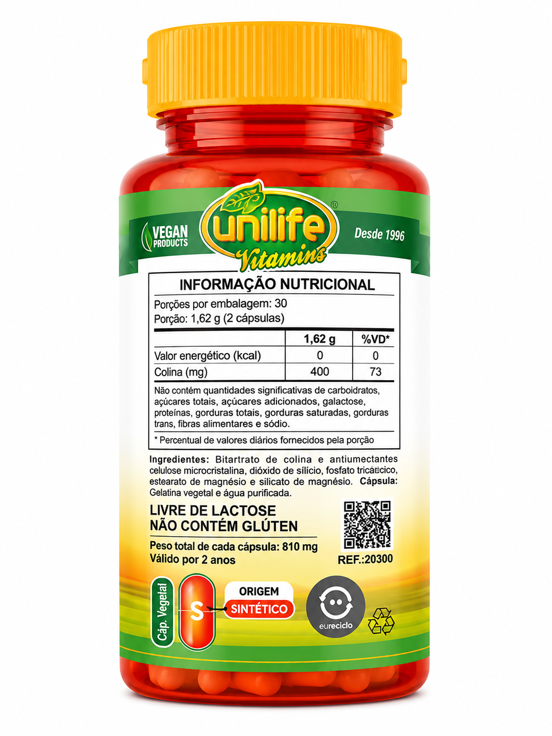 Colina Bitartrato 400mg Unilife Vitamins 60 Cápsulas Vegano