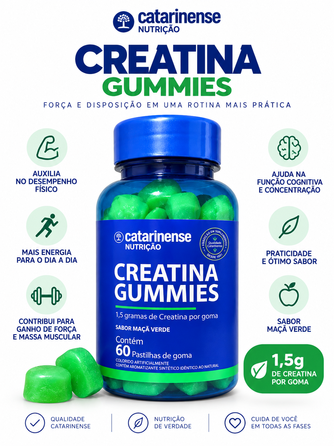 Creatina Gummies Catarinense Maçã Verde 60 Gomas 1,5g por Unidade