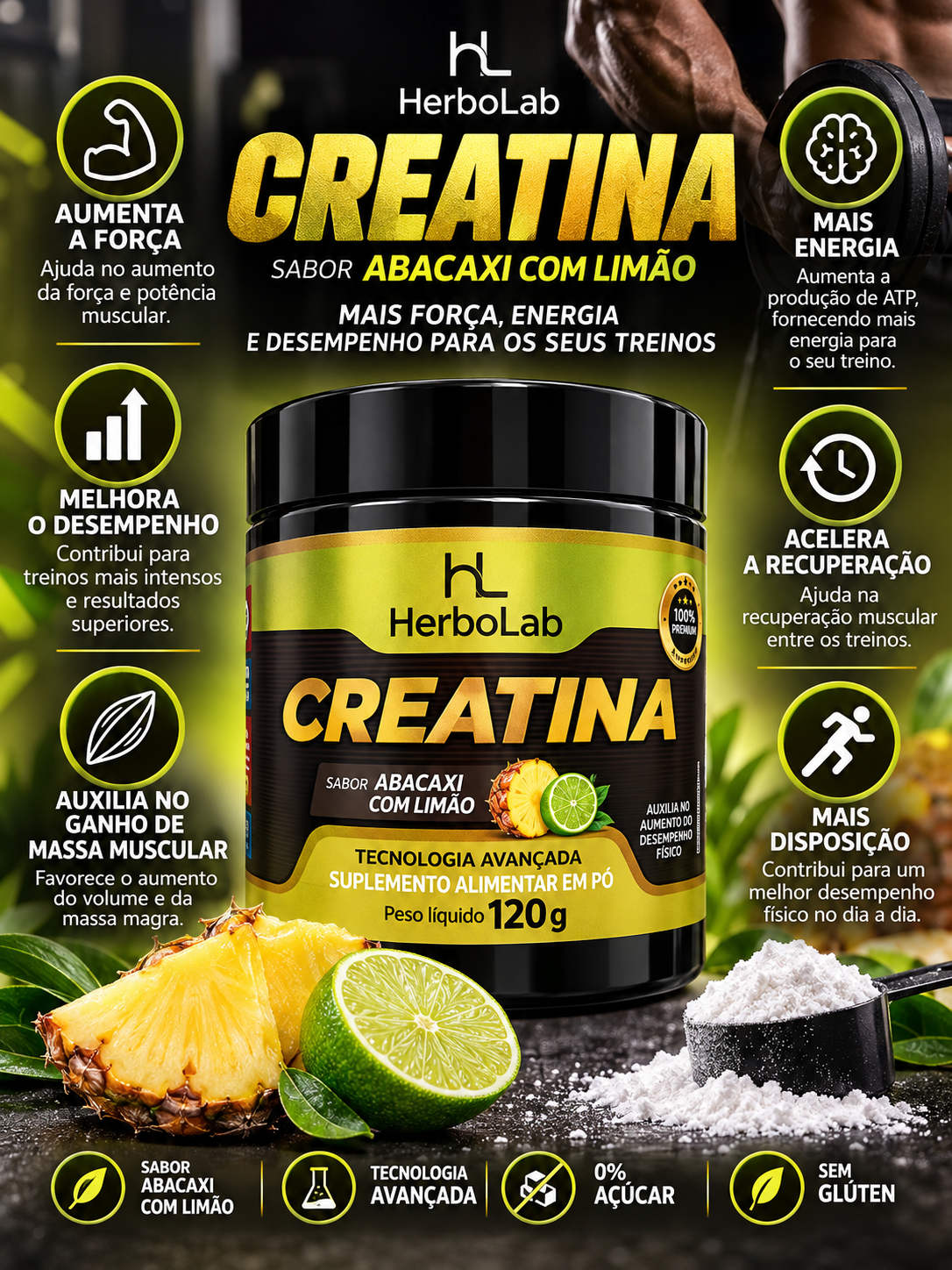 Creatina Monohidratada 120g Abacaxi com Limão HerboLab