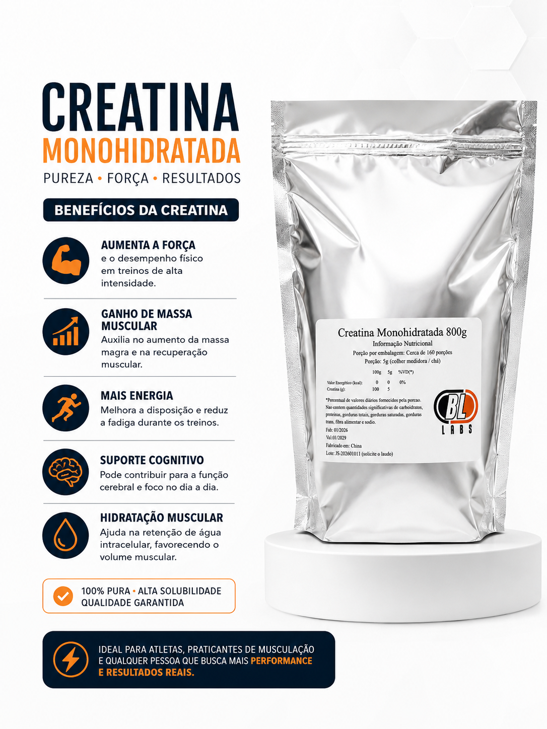 Creatina Monohidratada Importado Da China 800g Sem Sabor
