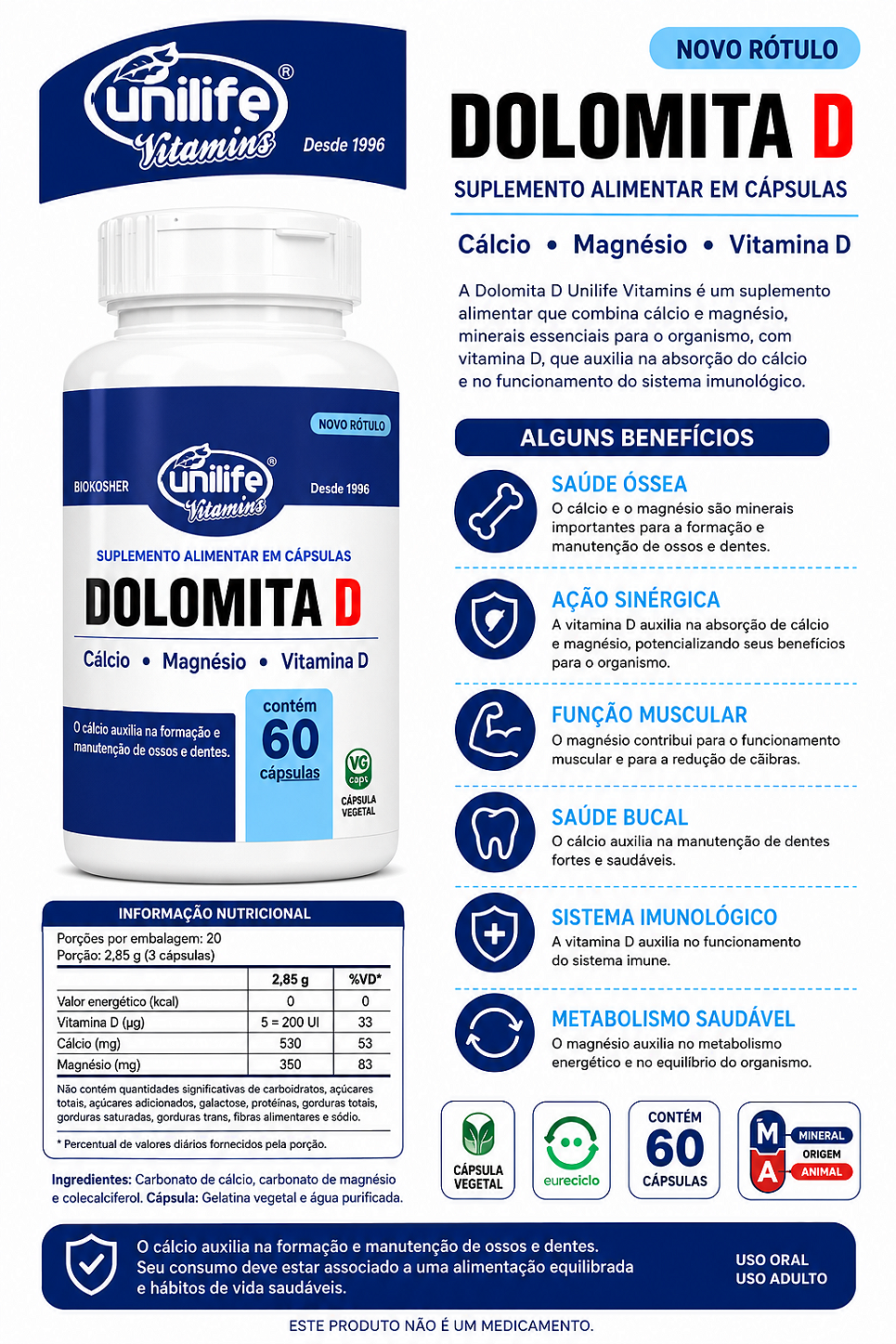 Dolomita D Cálcio Magnésio Vitamina D Unilife 60 Cápsulas