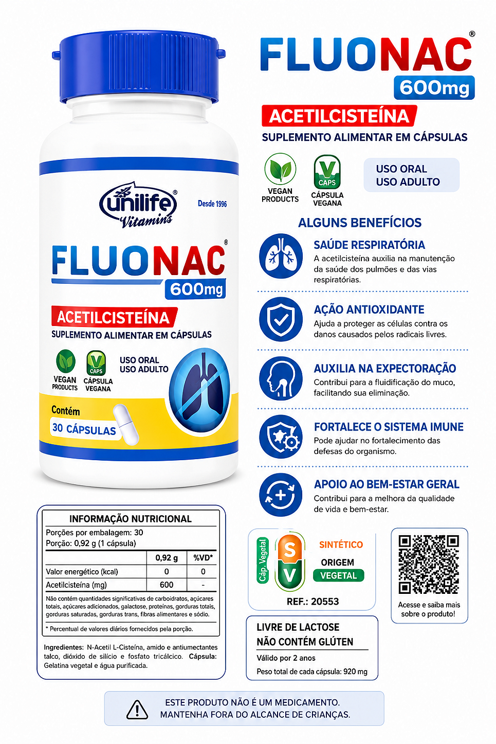 Fluonac Acetilcisteína NAC 600mg Unilife 30 Cápsulas Veganas