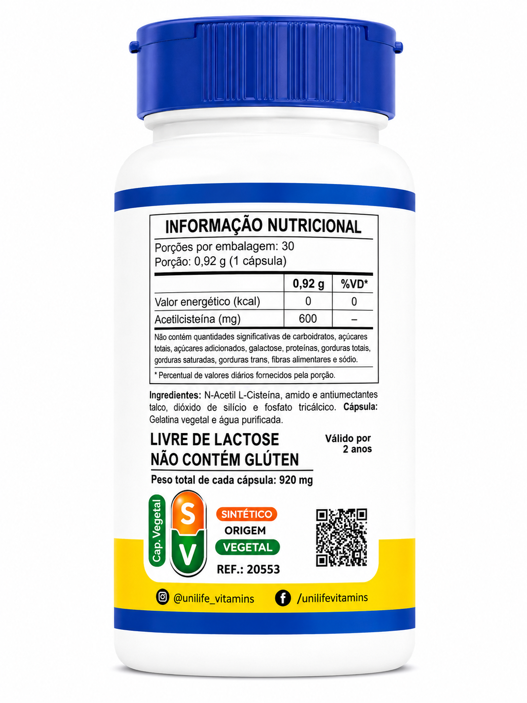 Fluonac Acetilcisteína NAC 600mg Unilife 30 Cápsulas Veganas