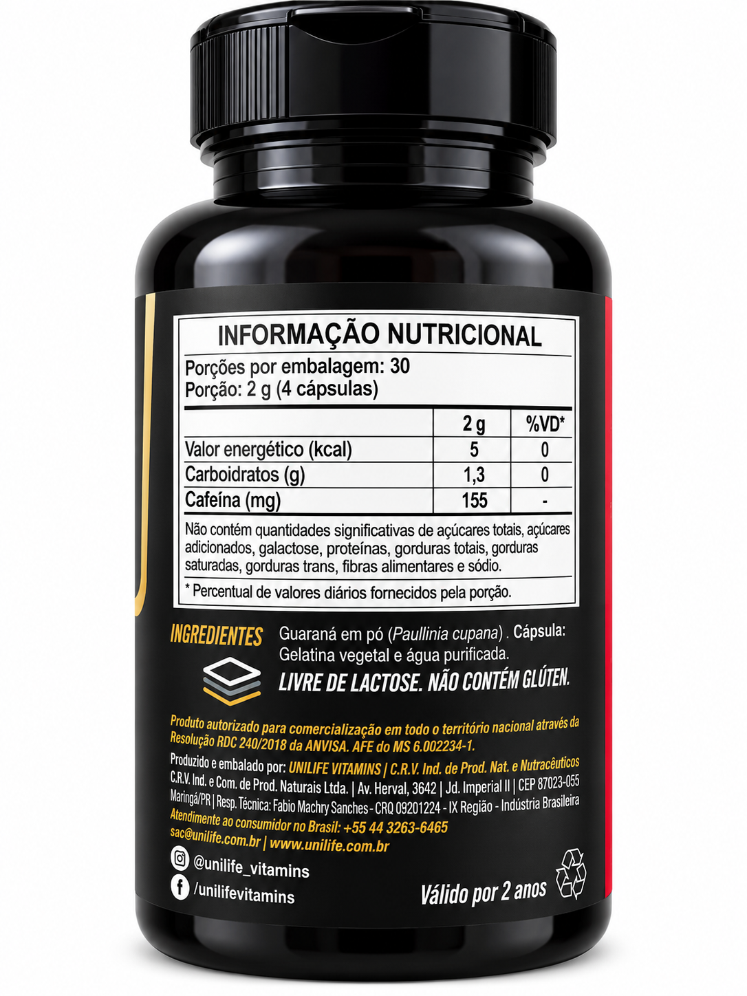 Guaraná 500mg Unilife Nutrition 120 Cápsulas 155mg Cafeína