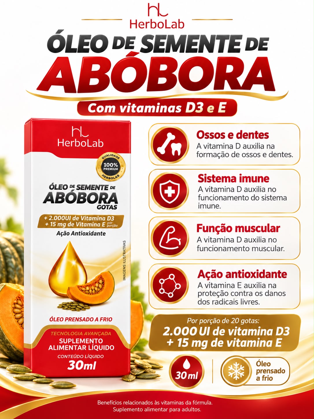 Óleo de Semente de Abóbora Gotas D3 + Vitamina E HerboLab 30ml