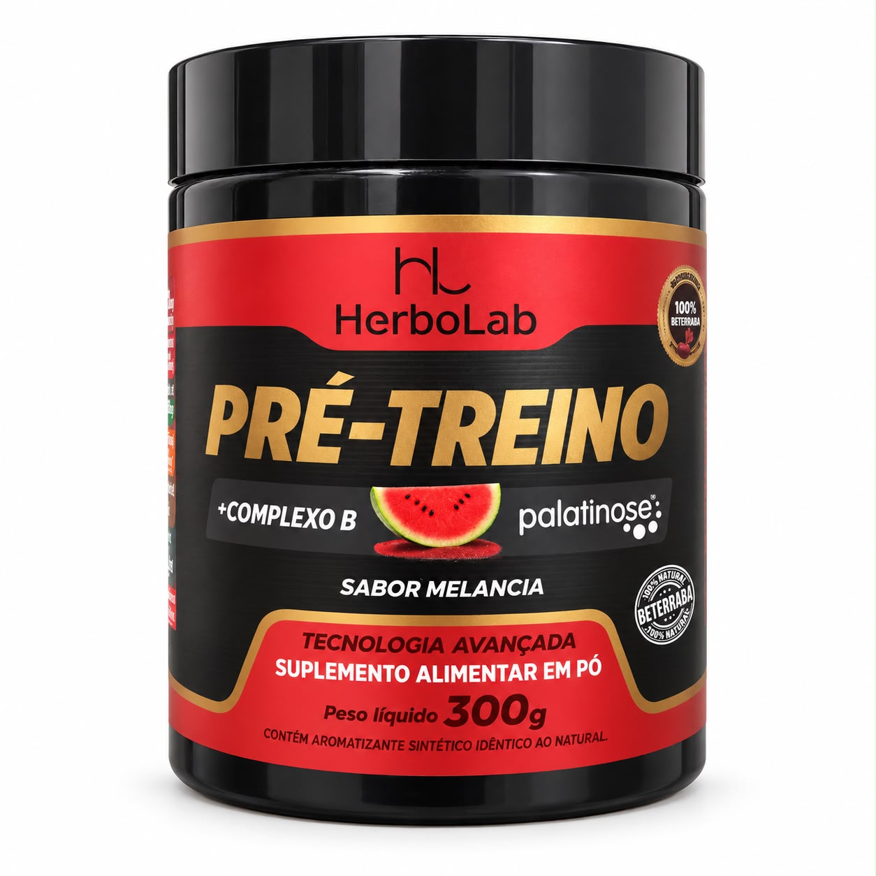 Pré-Treino HerboLab Sabor Melancia 300g – Com Palatinose, Beterraba e Complexo B