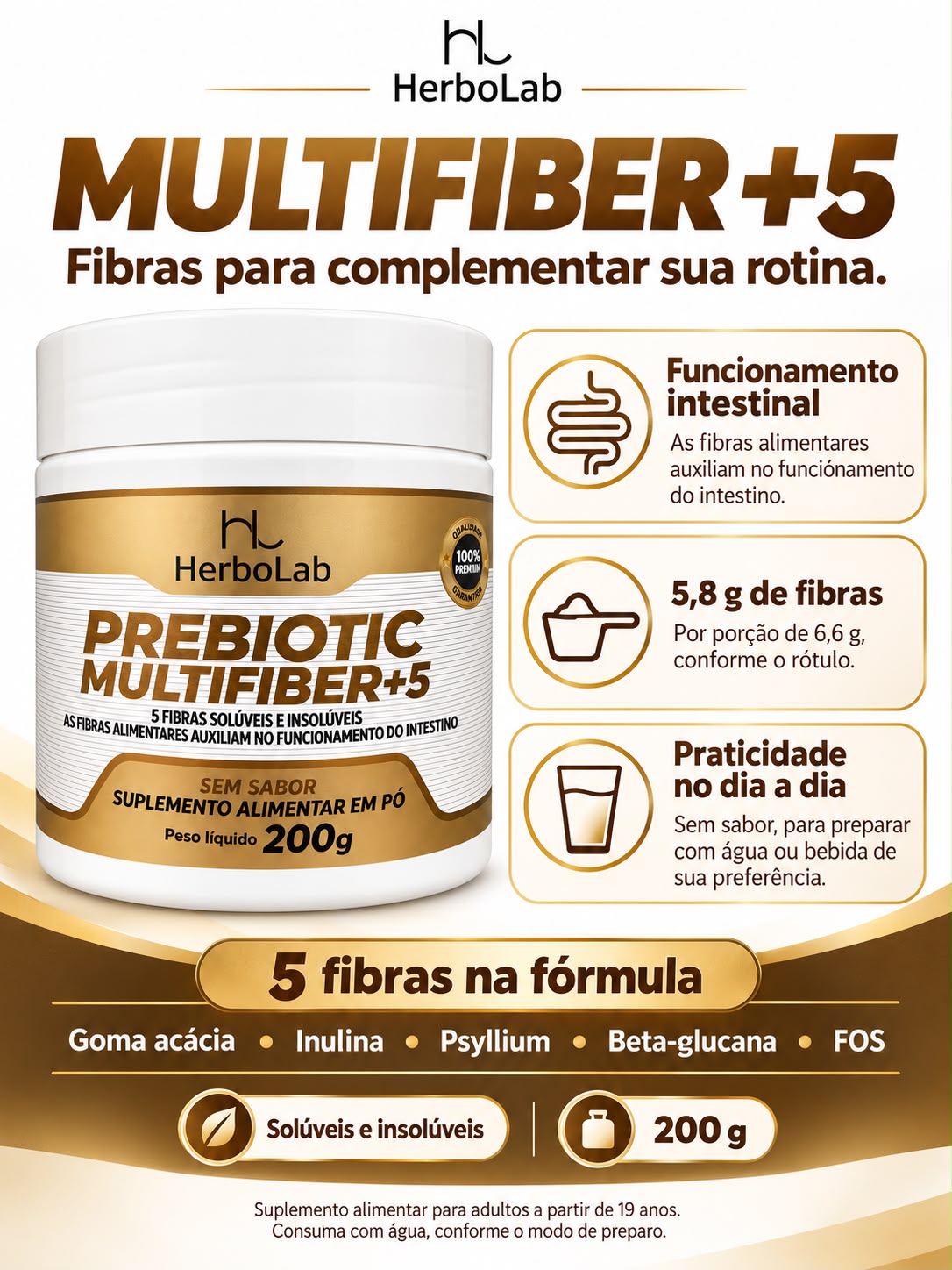 Prebiotic Multifiber+5 HerboLab Sem Sabor 200g – Mix de 5 Fibras Alimentares