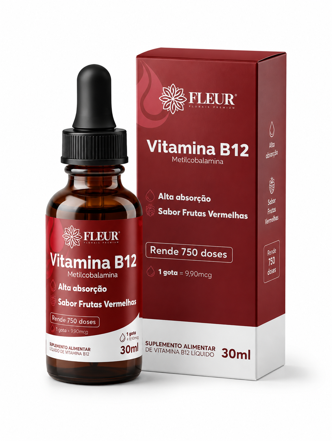 Vitamina B12 Fleur Sabor Frutas Vermelhas 30ml Sublingual Em Gotas Vegano