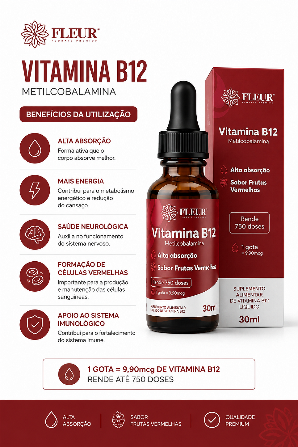 Vitamina B12 Fleur Sabor Frutas Vermelhas 30ml Sublingual Em Gotas Vegano