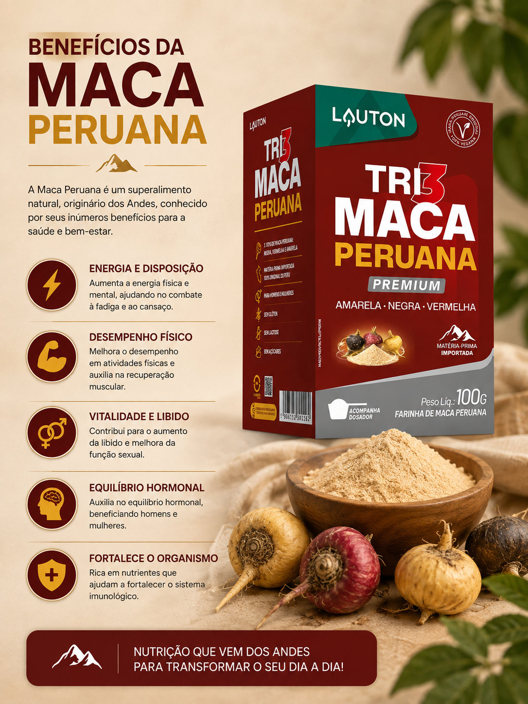 Tri Maca Peruana em Pó | 100 g | Lauton | 100% Pura | Importada do Peru
