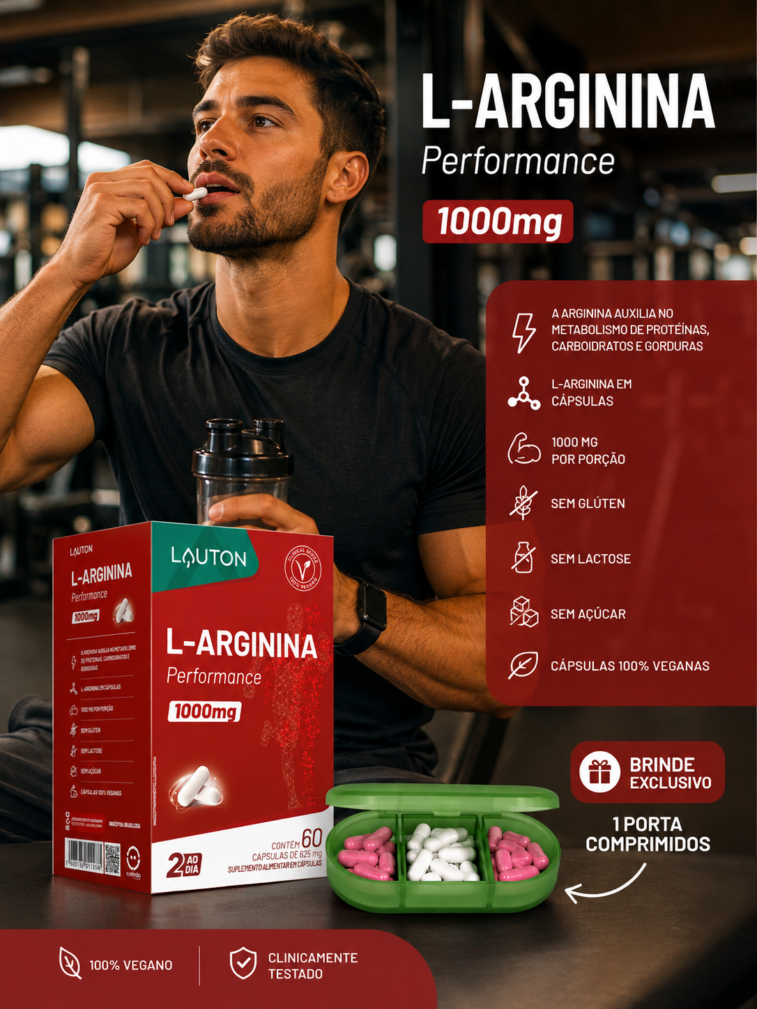 L-arginina 1000mg 60 Cápsulas Premium Linha Lauton Sem Sabor