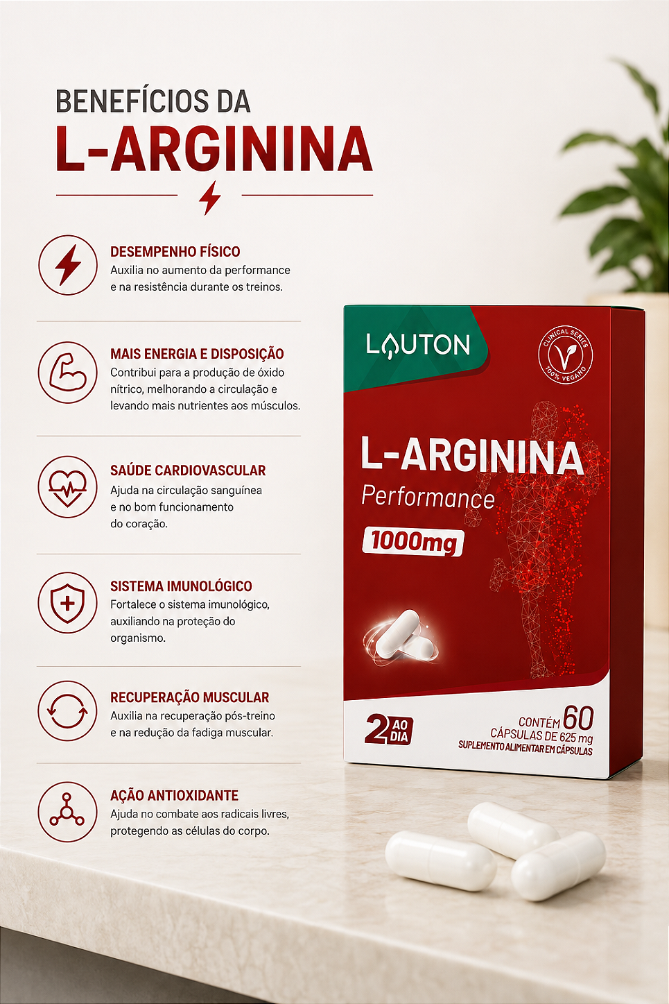 L-arginina 1000mg 60 Cápsulas Premium Linha Lauton Sem Sabor