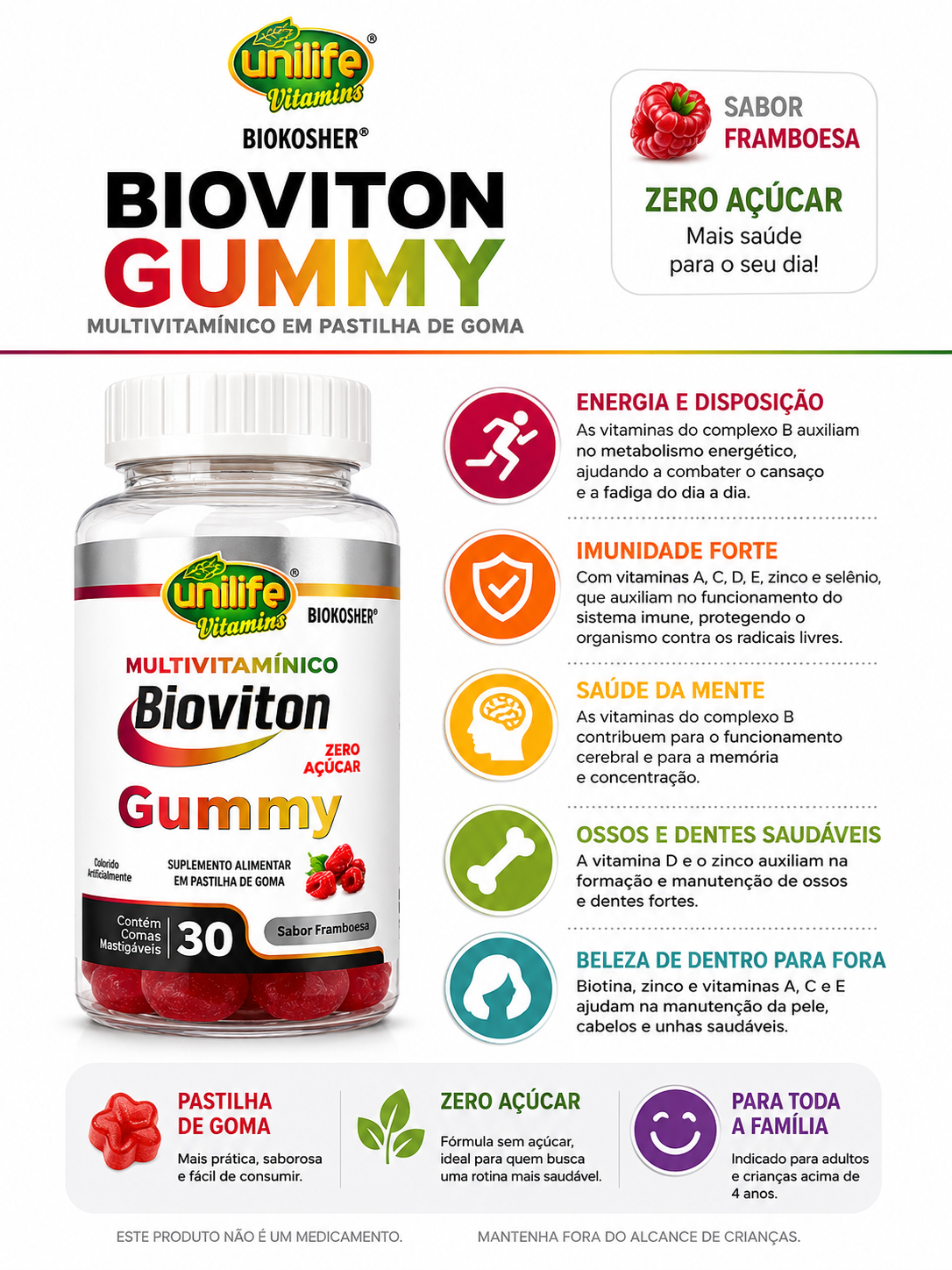 Multivitamínico Bioviton Gummy Unilife 30 Gomas Framboesa Zero Açúcar
