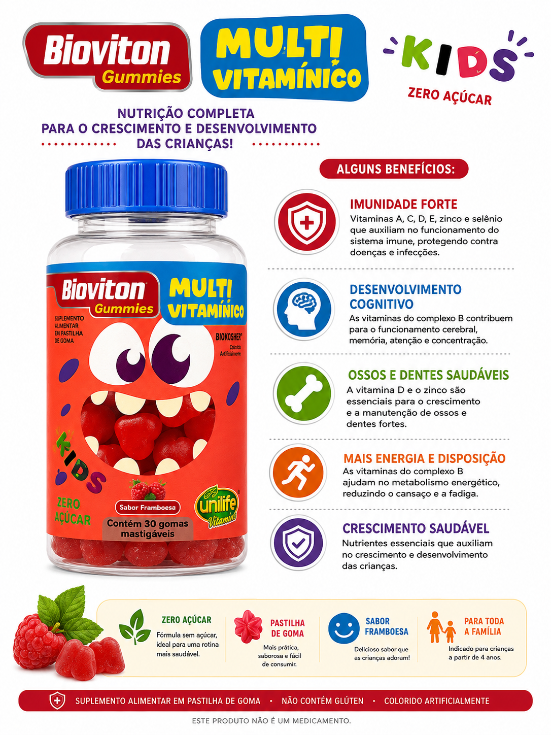 Multivitamínico Kids Bioviton Gummy Unilife 30 Gomas Zero Açúcar Sabor Morango