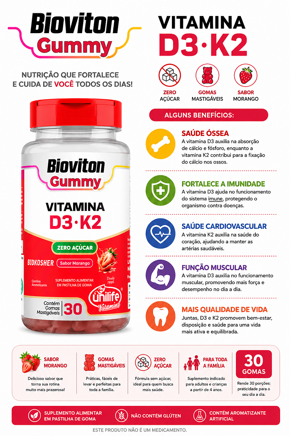 Gummy Vitamina D3 + K2 Morango Unilife 30 Gomas