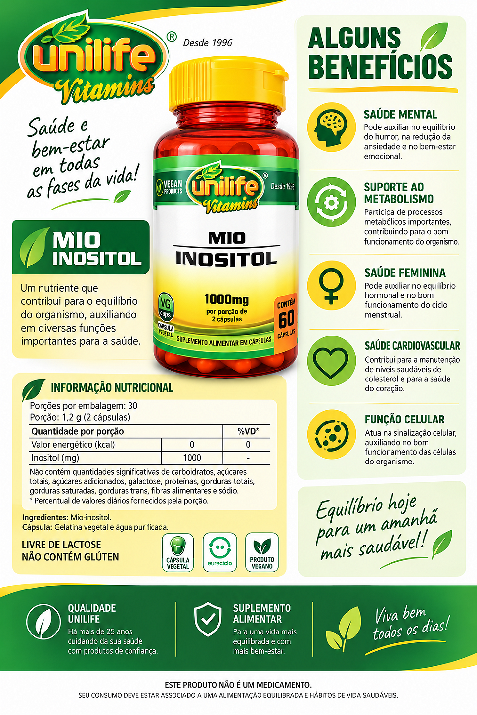 Inositol 1000mg Unilife Vitamins 60 Cápsulas Vegano Mio Sem Sabor