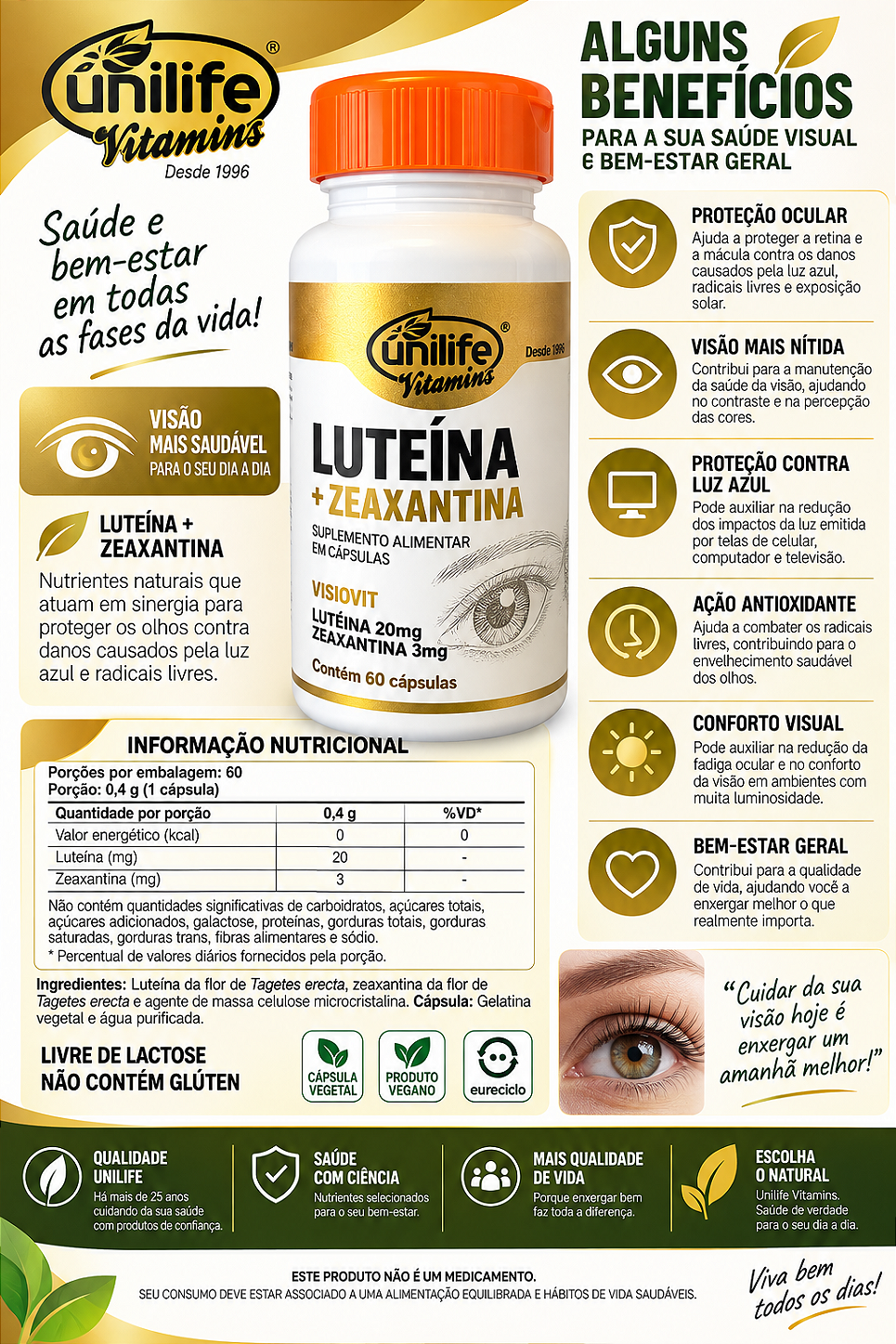Luteína 20mg + Zeaxantina 3mg Visiovit Unilife 60 Cápsulas
