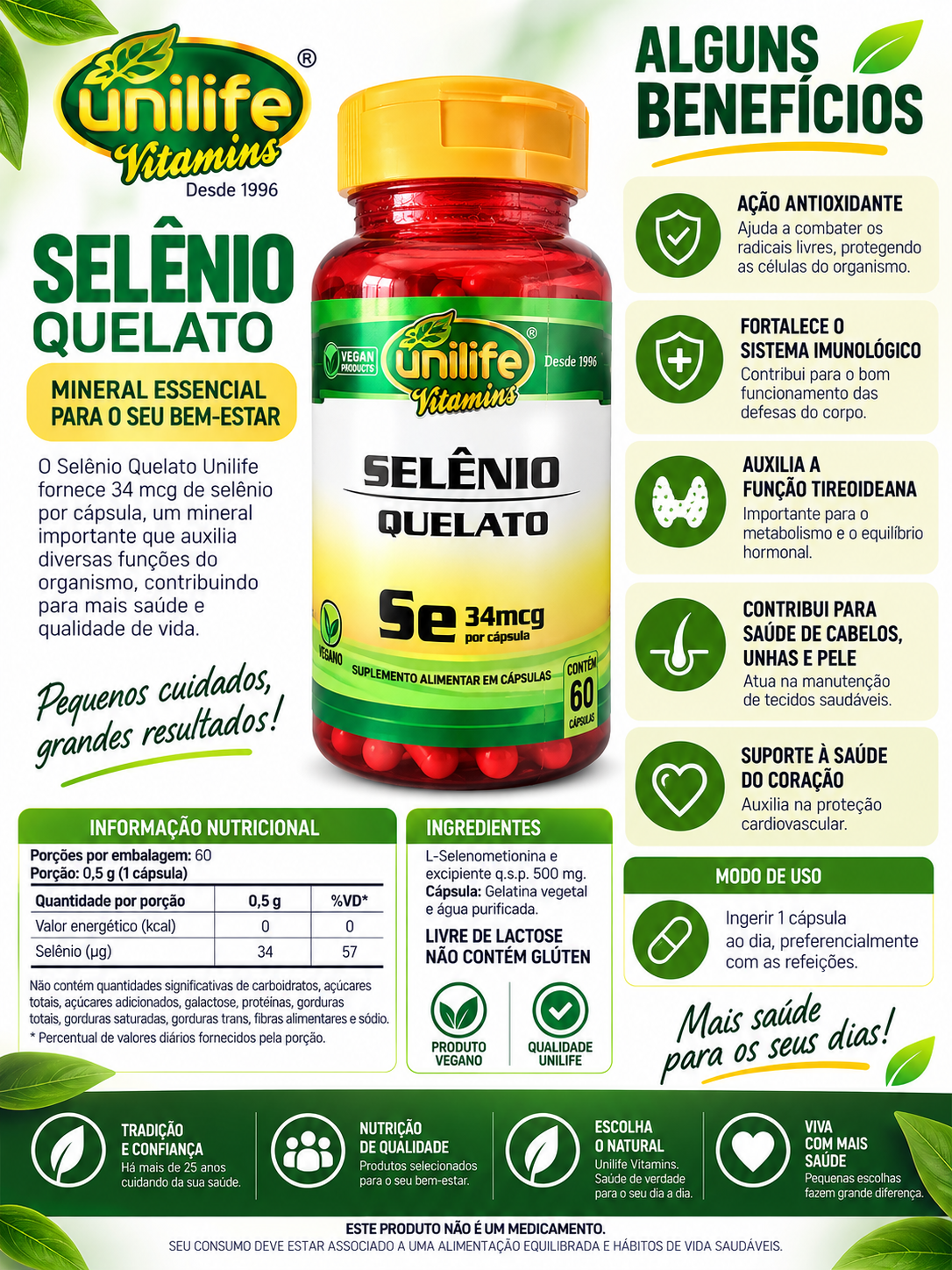 Selênio Quelato Se 34mcg Unilife Vitamins 60 Cápsulas Vegano