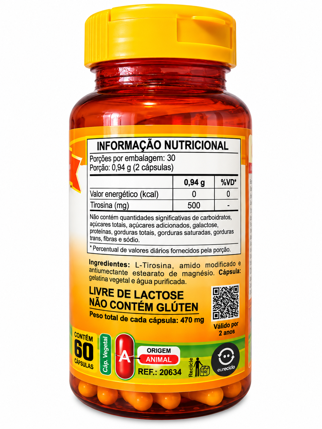 Tirosina 500mg Unilife Vitamins 60 Cápsulas Vegano