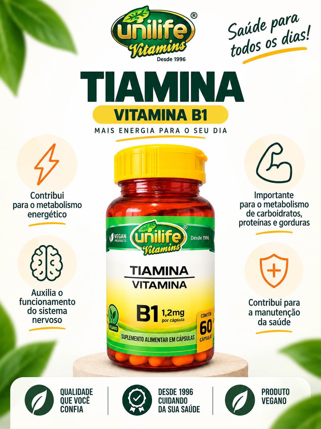 Vitamina B1 Tiamina 1,2mg Unilife Vitamins 60 Cápsulas Vegano