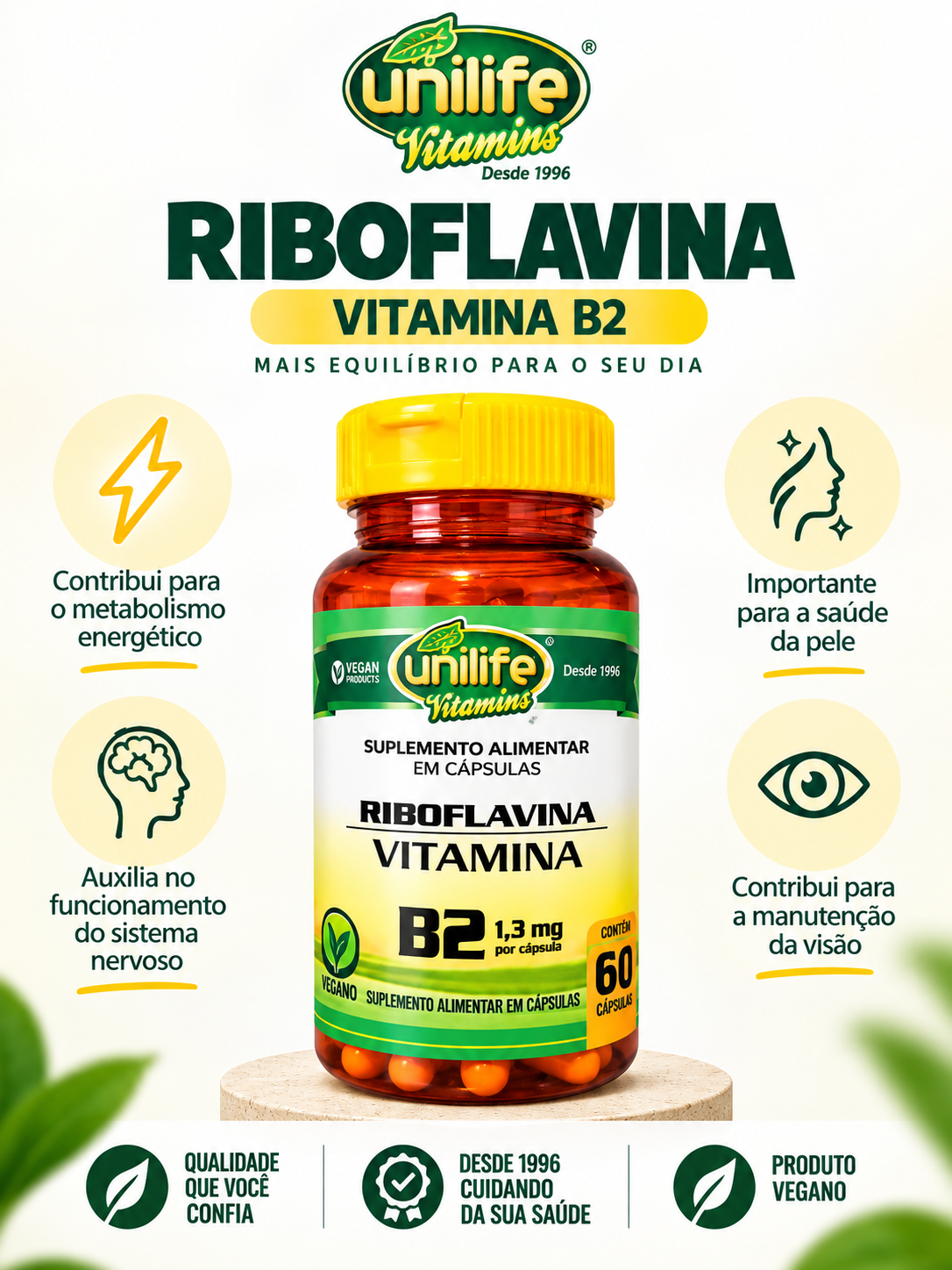 Vitamina B2 Riboflavina 1,3mg Unilife Vitamins 60 Cápsulas