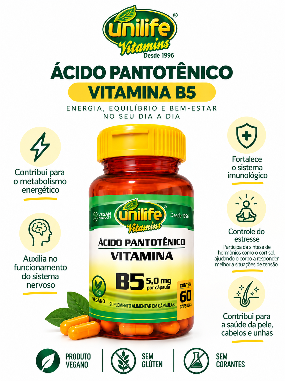 Vitamina B5 Ácido Pantotênico 5mg Unilife 60 Cápsulas Vegano
