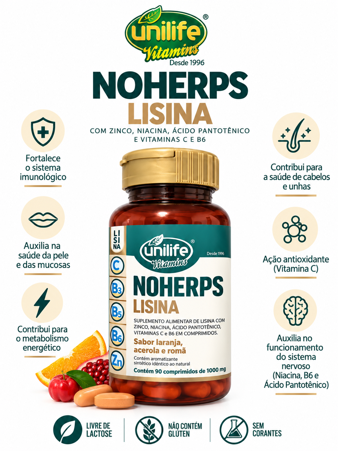 Noherps Lisina Unilife 90 Comprimidos 1000mg Vitaminas e Zinco