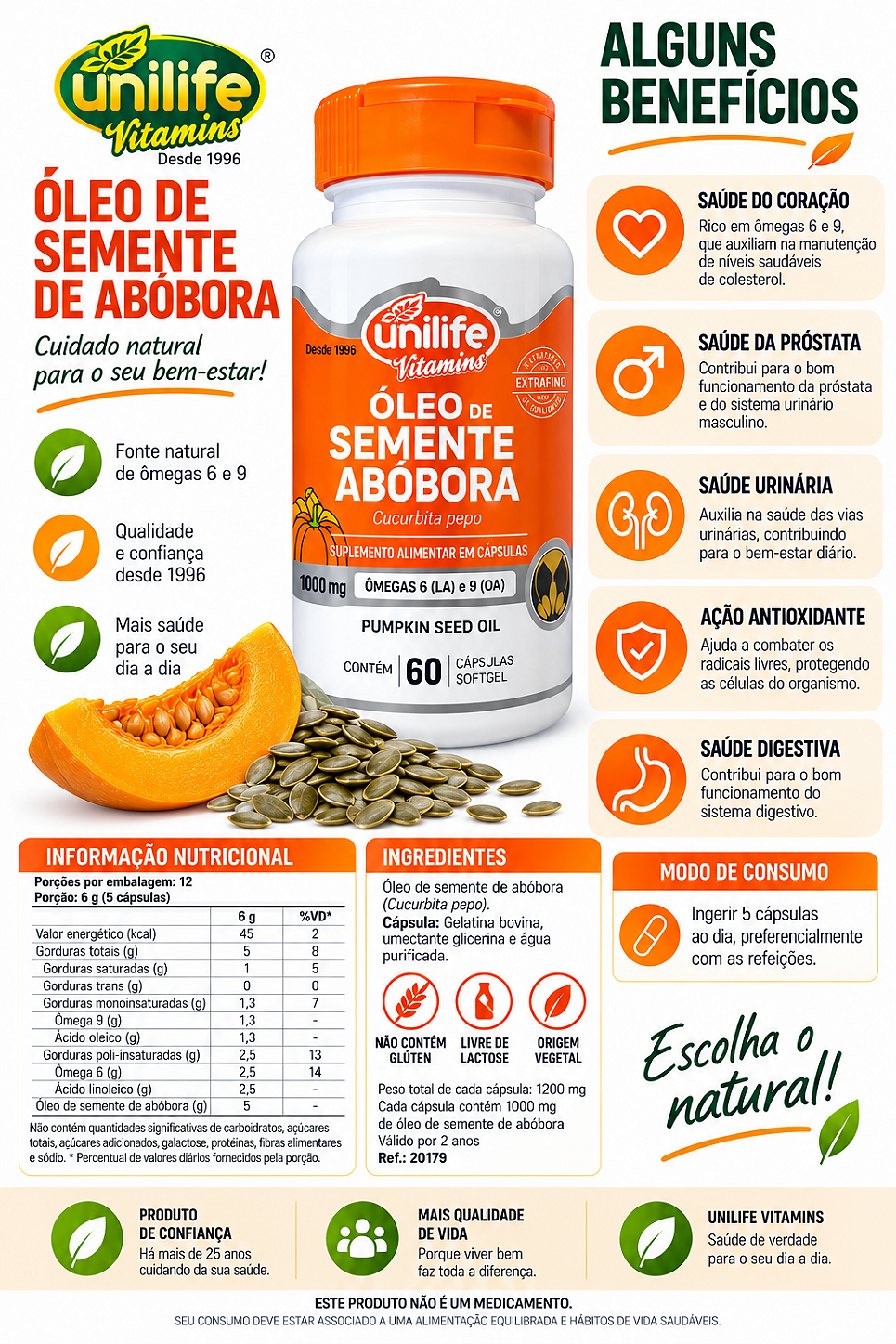 Óleo de Semente de Abóbora 1000 mg | 60 Cápsulas | Unilife Vitamins | Biokosher