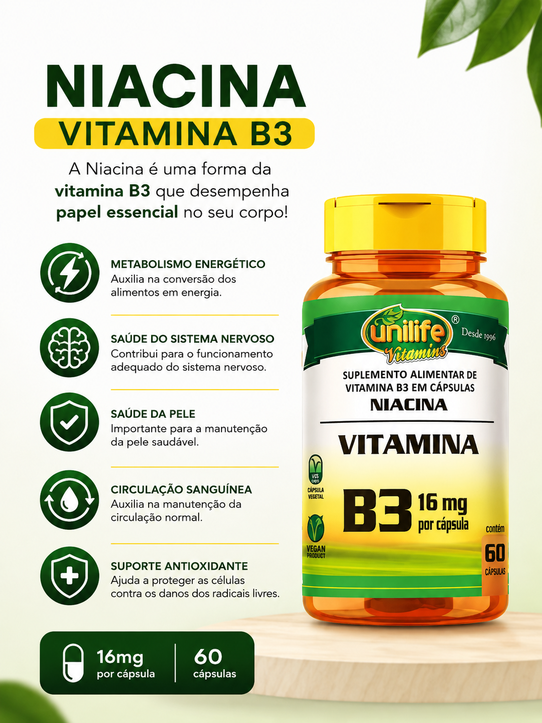 Niacina Vitamina B3 16mg por capsulas 60 caps