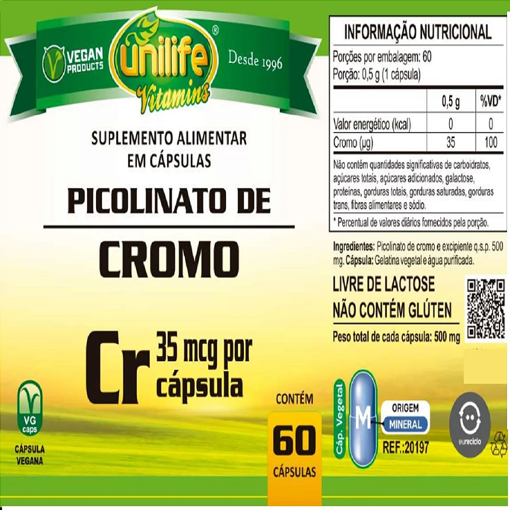 Unilife Vegetarian Picolinato de cromo Picolinato de Cromo Cápsula