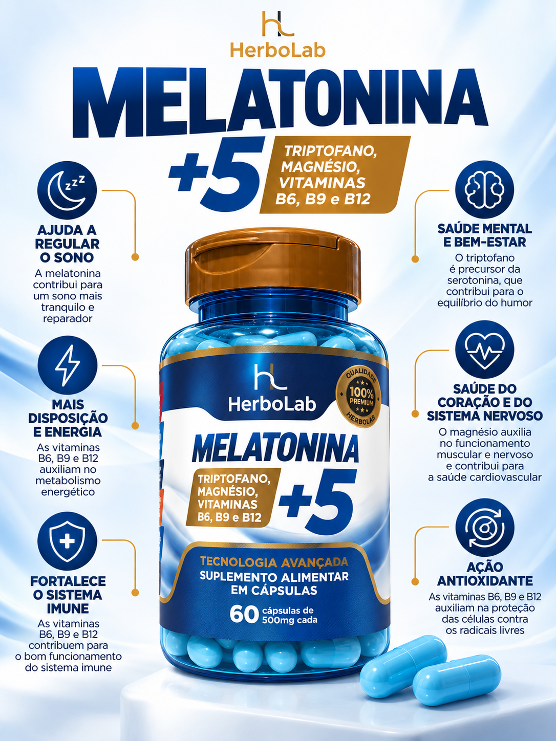 Melatonina + Triptofano Magnésio B6 B9 B12 HerboLab 60 Cápsulas