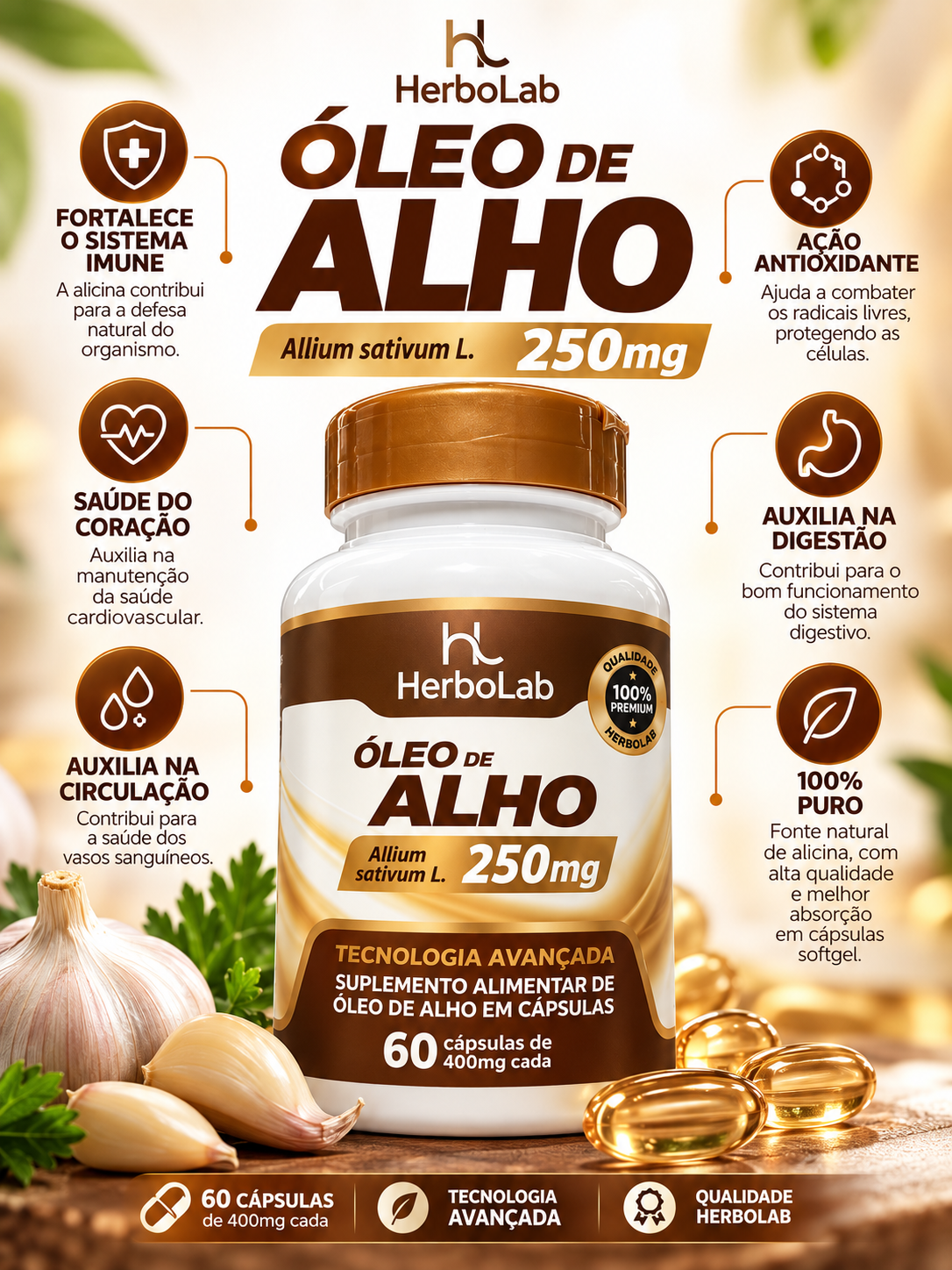 Óleo de Alho 250mg Allium Sativum HerboLab 60 Cápsulas