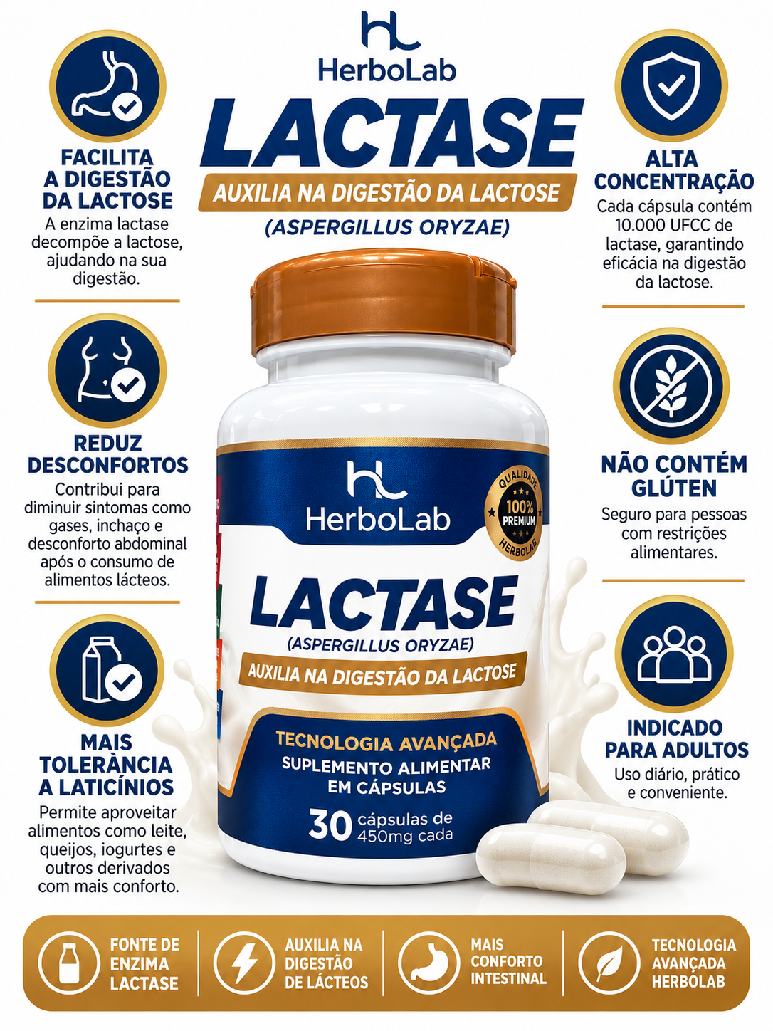 Lactase HerboLab 30 Cápsulas 450mg Auxilia Digestão Lactose