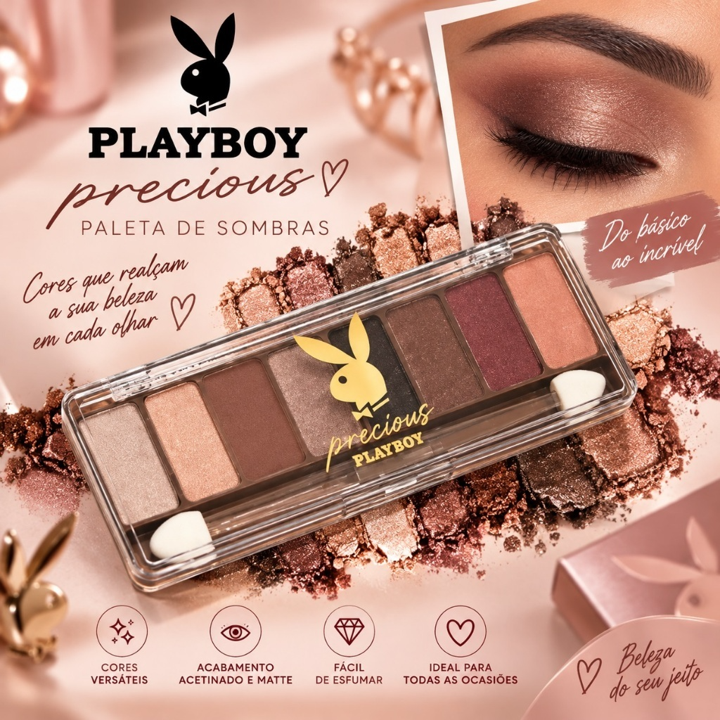 Paleta de Sombras Playboy Precious Tons Neutros e Brilhantes com Aplicador – Maquiagem para Olhos