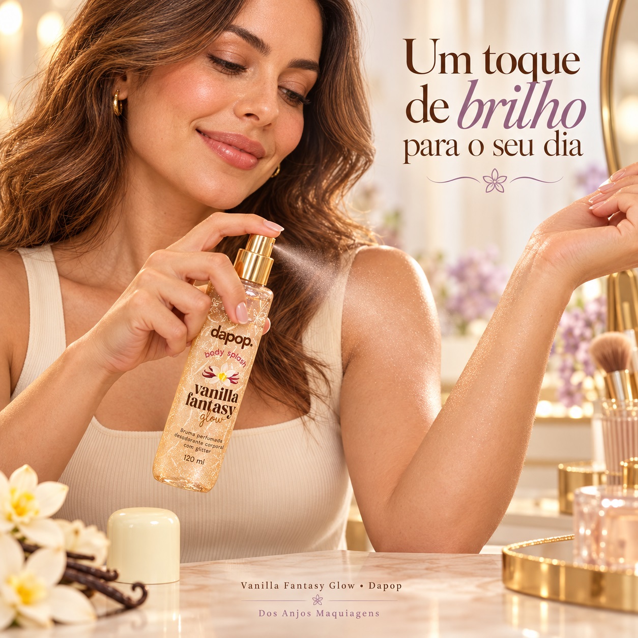 Dapop Body Splash Vanilla Fantasy Glow com Glitter Bruma Perfumada Desodorante Corporal 120 ml