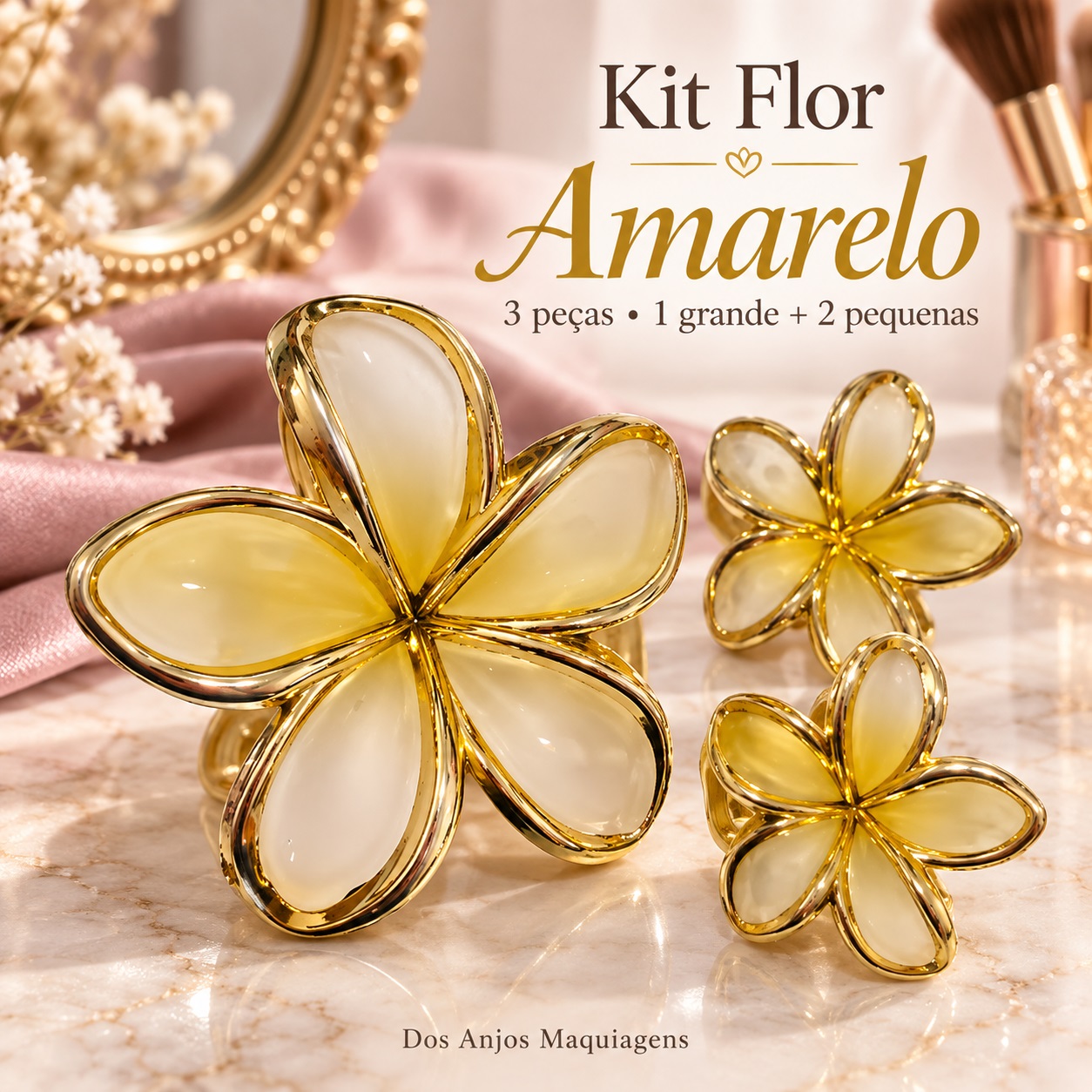 Kit 3 Presilhas de Cabelo Flor com Detalhes Dourados — 1 Grande e 2 Pequenas