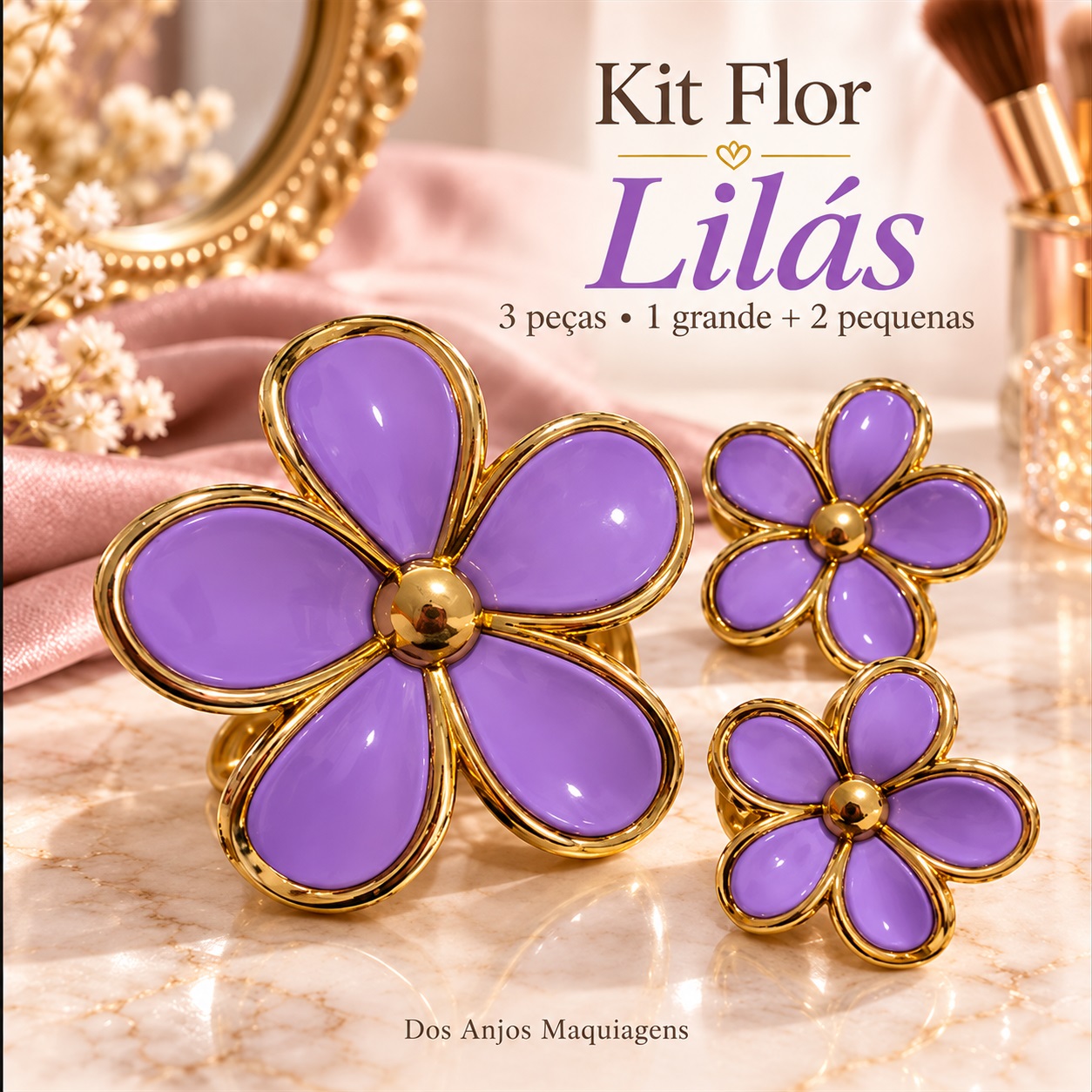Kit 3 Presilhas de Cabelo Flor com Detalhes Dourados — 1 Grande e 2 Pequenas