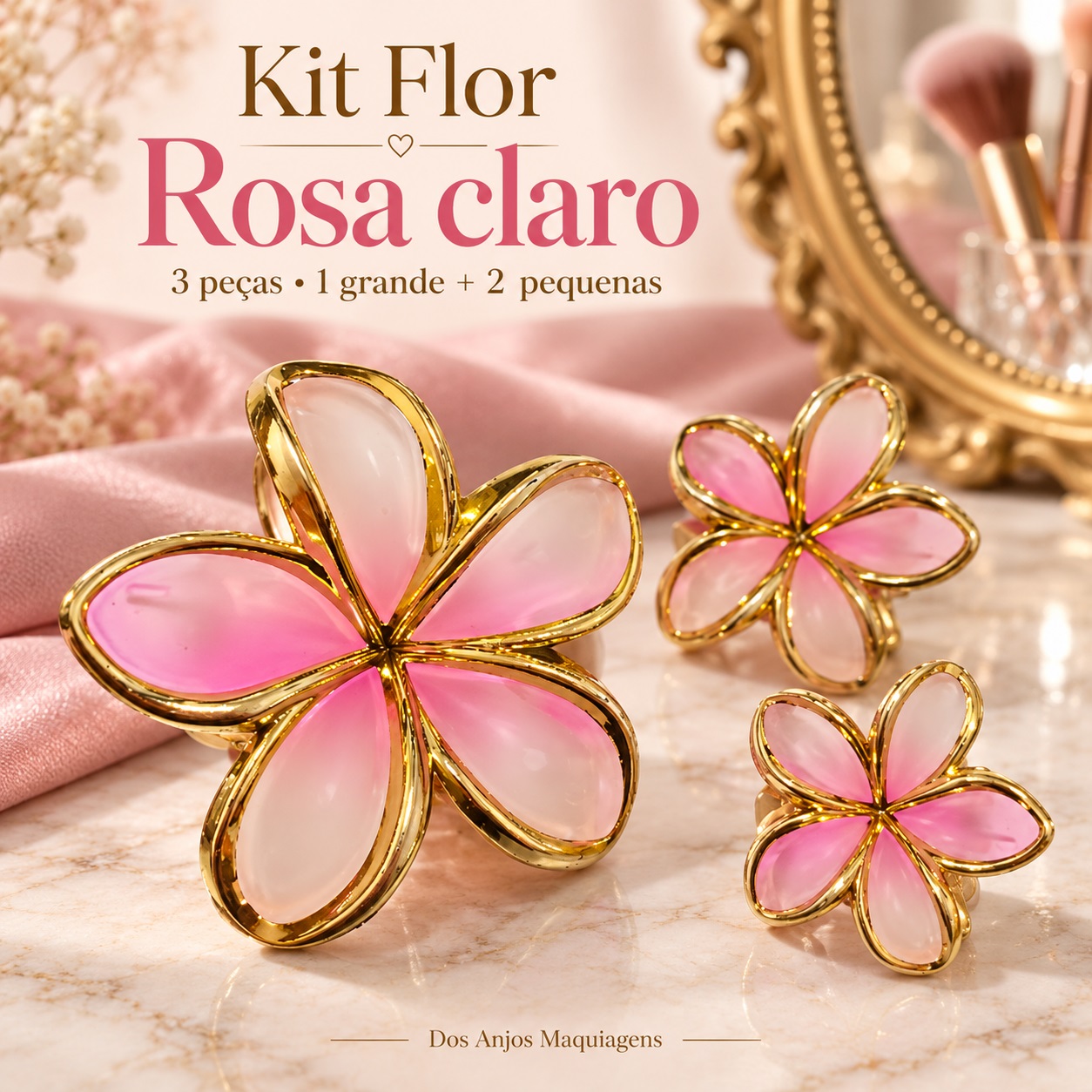 Kit 3 Presilhas de Cabelo Flor com Detalhes Dourados — 1 Grande e 2 Pequenas