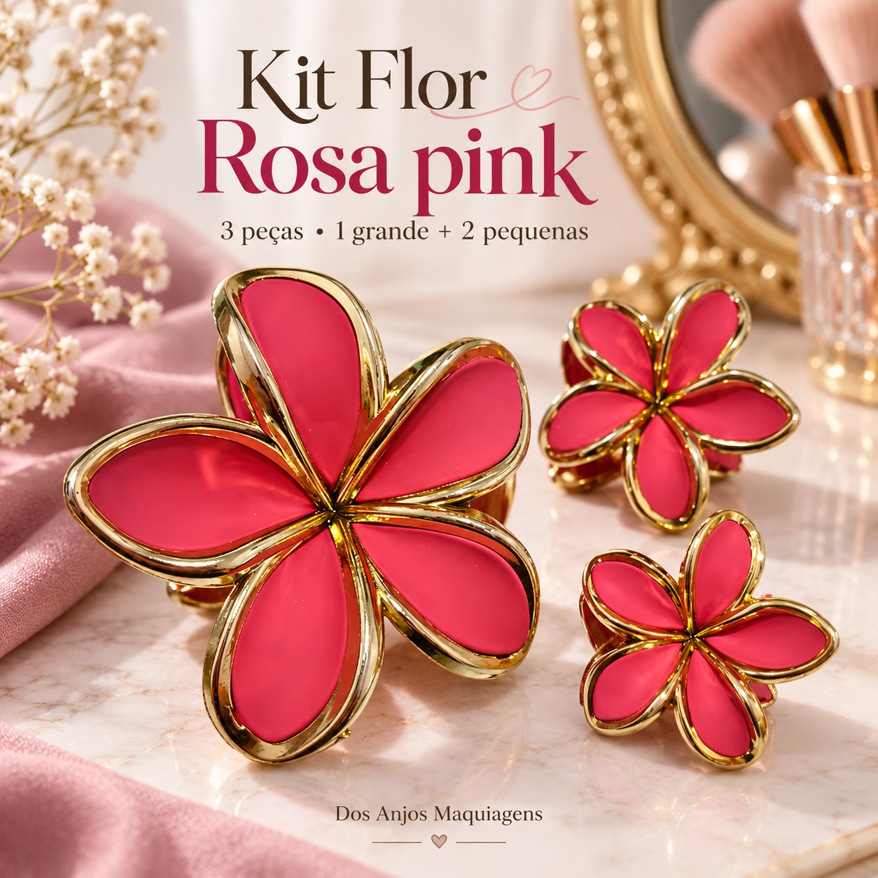 Kit 3 Presilhas de Cabelo Flor com Detalhes Dourados — 1 Grande e 2 Pequenas