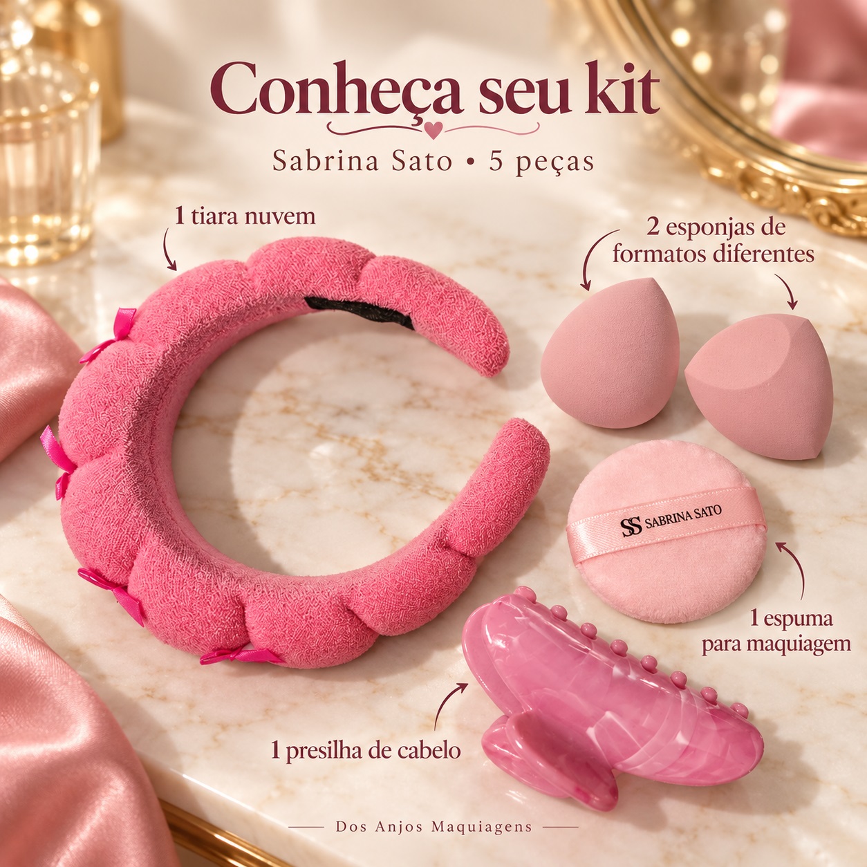 Kit Maquiagem Sabrina Sato 5 Peças com Tiara Nuvem Presilha 2 Esponjas e Espuma