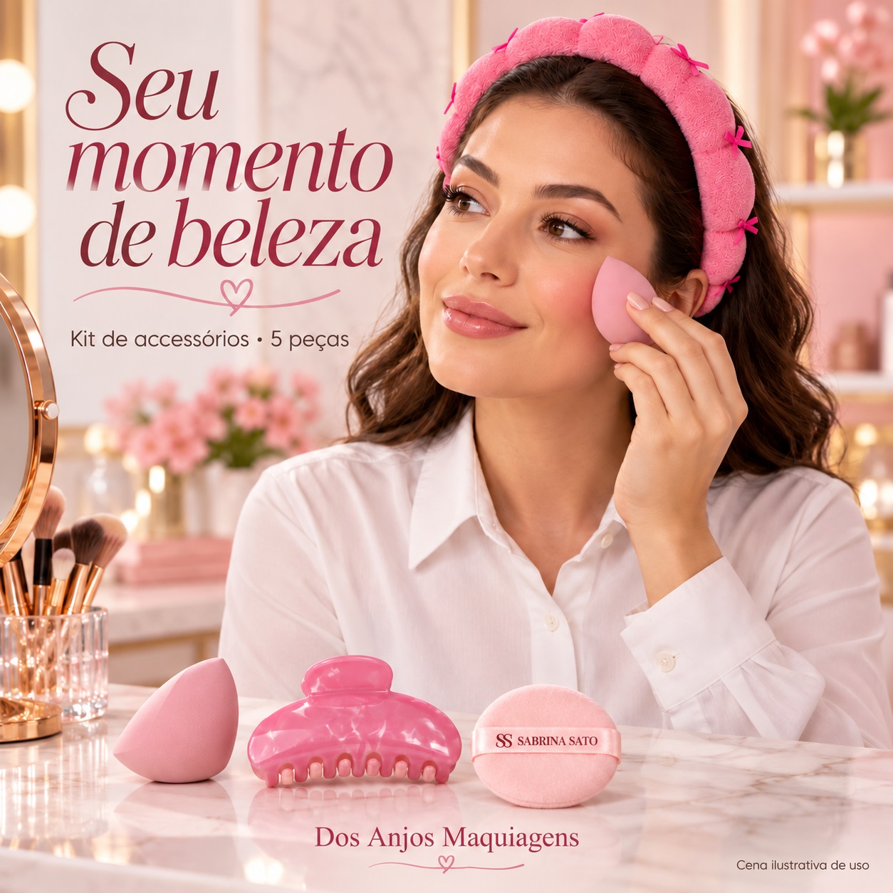 Kit Maquiagem Sabrina Sato 5 Peças com Tiara Nuvem Presilha 2 Esponjas e Espuma
