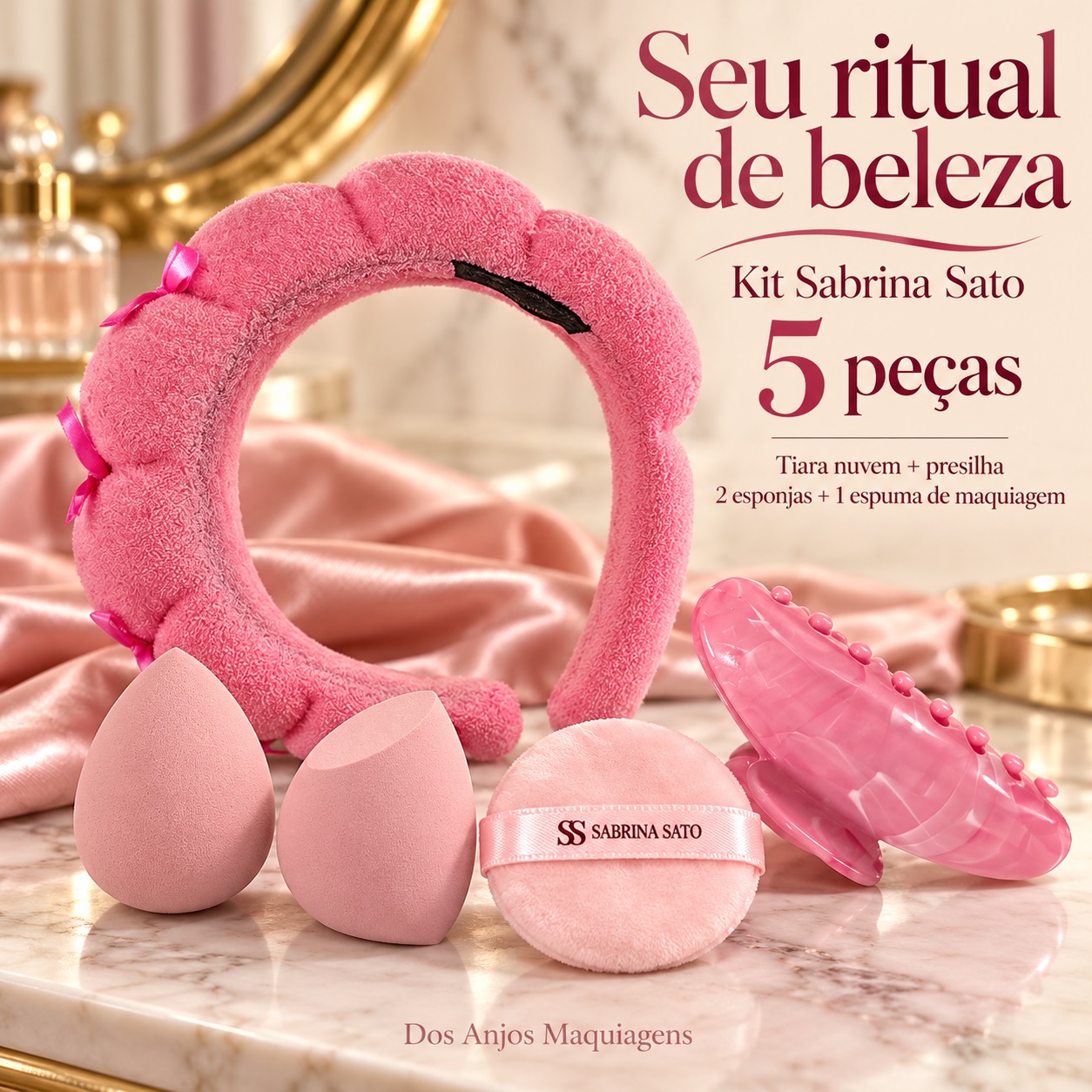 Kit Maquiagem Sabrina Sato 5 Peças com Tiara Nuvem Presilha 2 Esponjas e Espuma