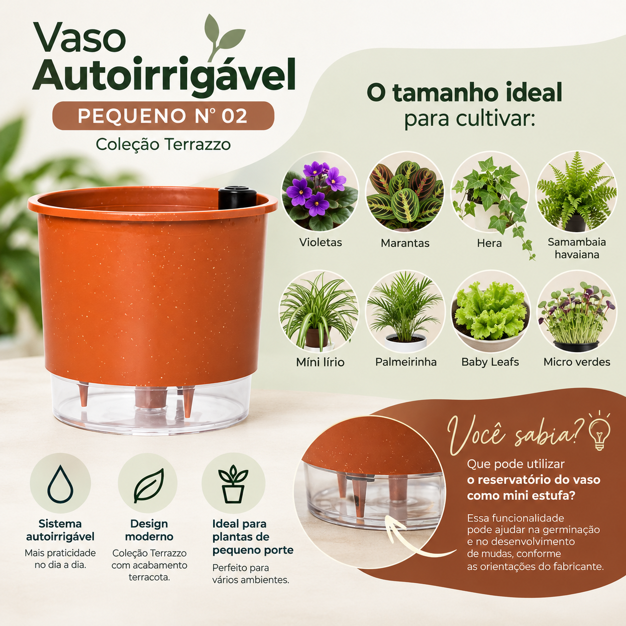 Vaso Autoirrigável Pequeno Nº 02 – Terrazzo Terracota