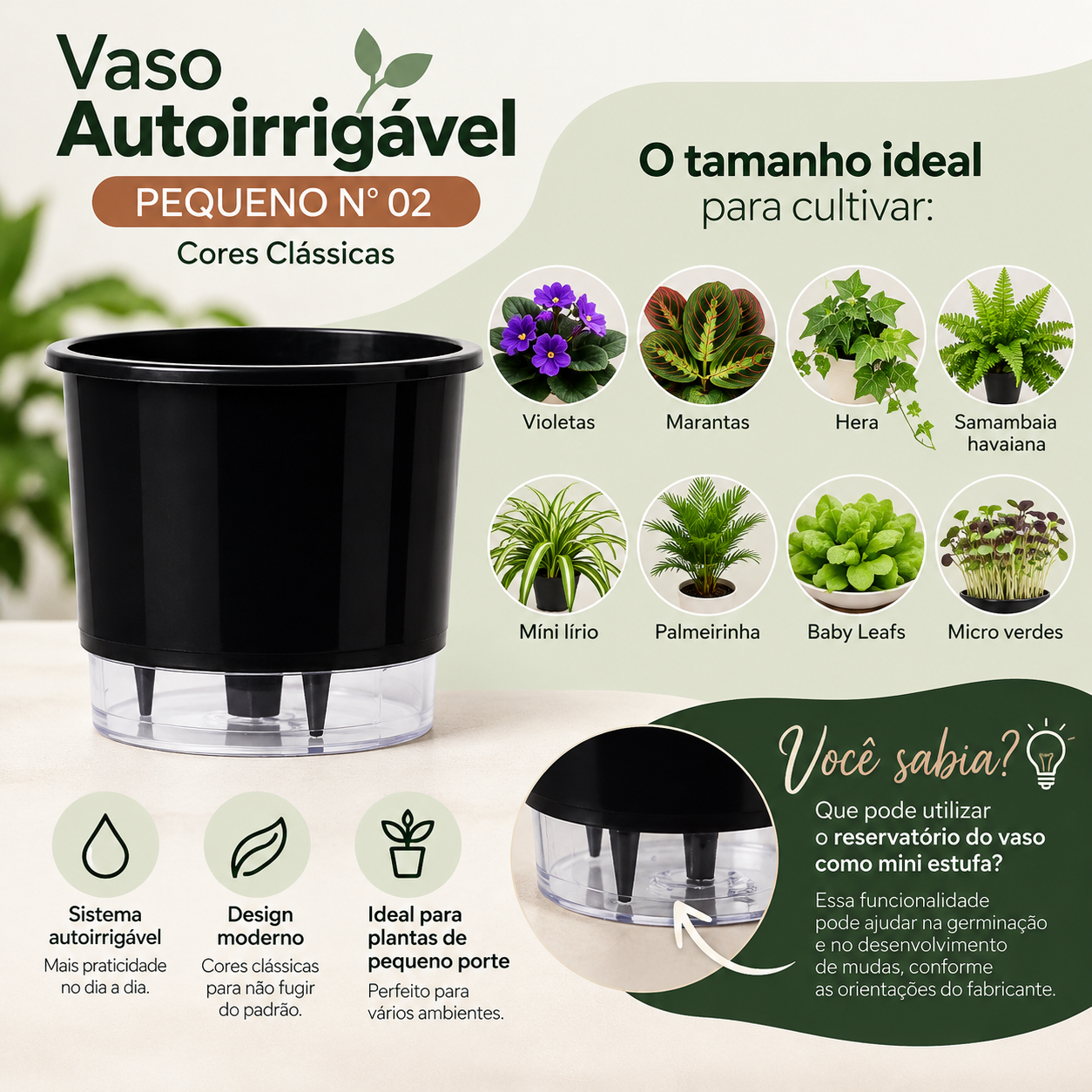 Vaso Autoirrigável Pequeno Nº 02 – Cores Clássicas Preto