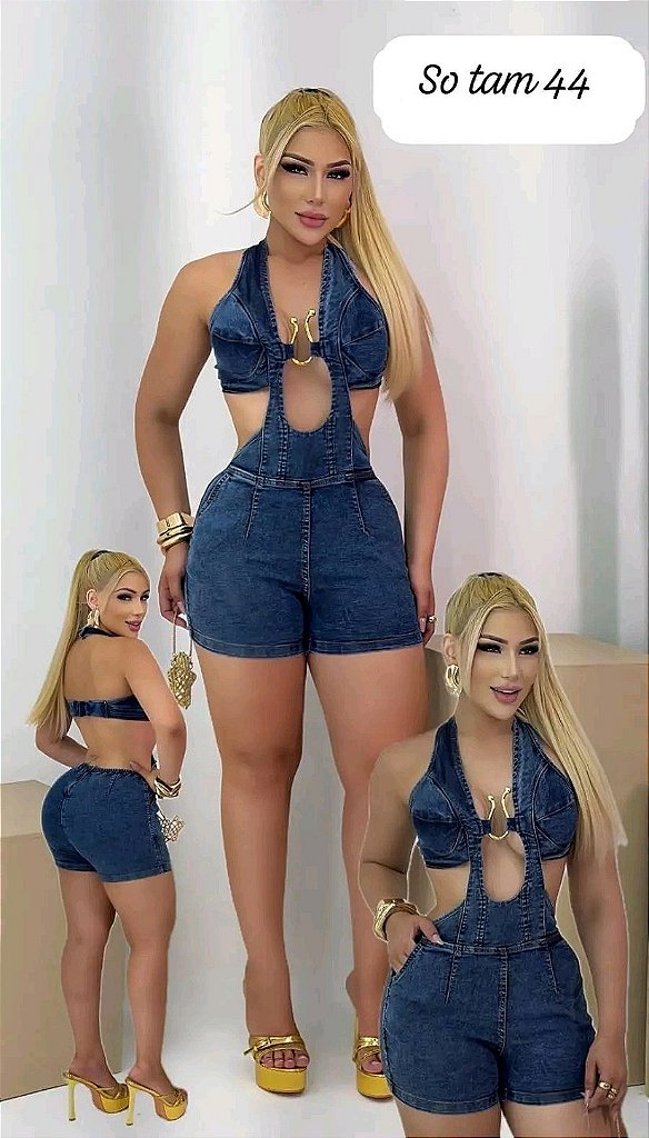 Macaquinho Feminino Jeans com Recortes