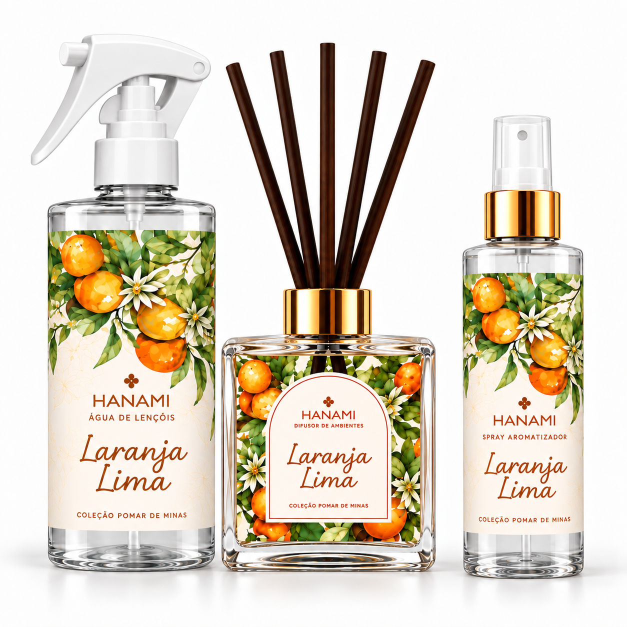 Kit Laranja Lima Triplo: Difusor + Spray de Aromas + Água de Lençóis