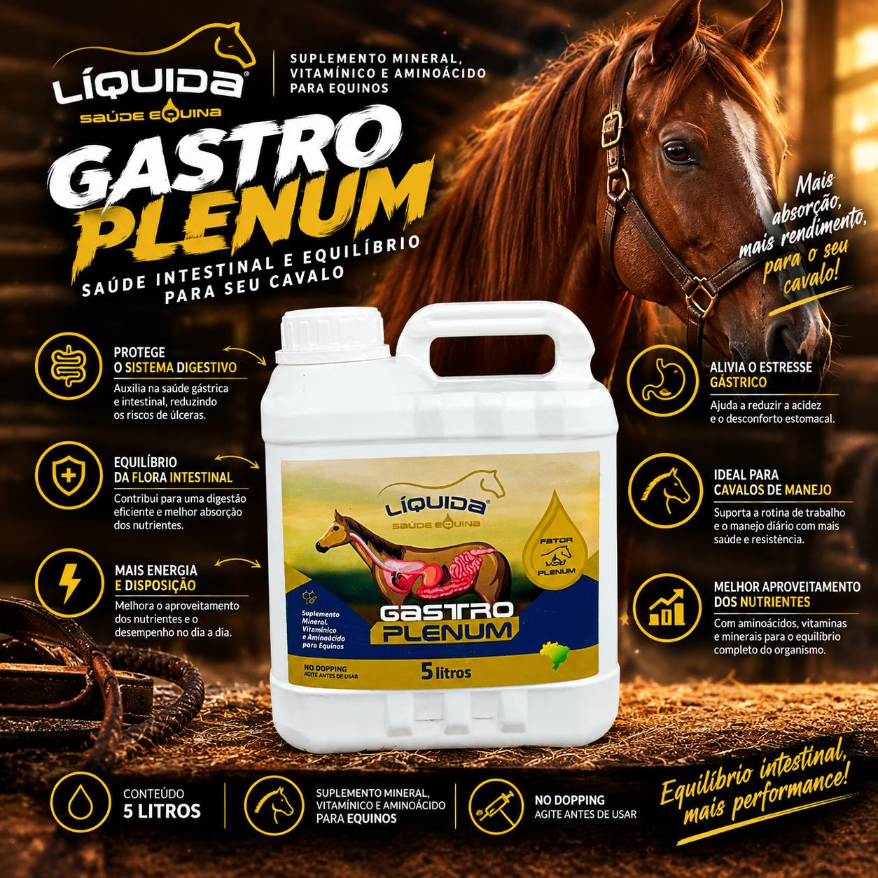 Gastro Plenum Liquida Equinos — Suplemento para Proteção, Equilíbrio e Saúde do Trato Gastrointestinal