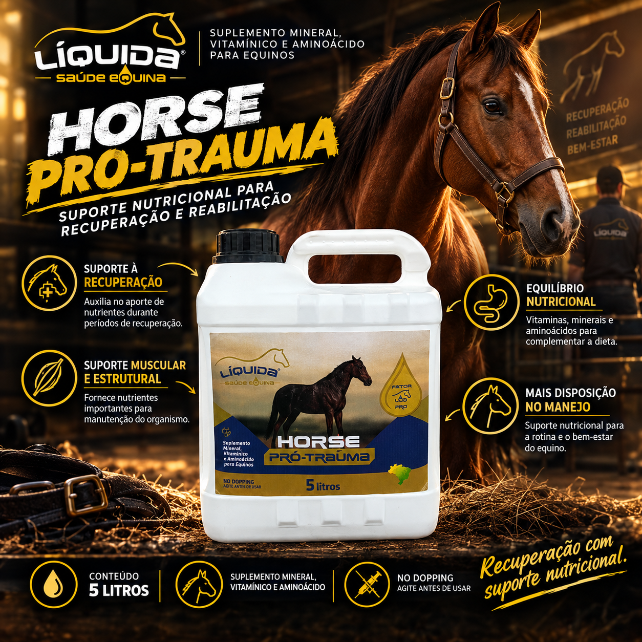 Horse Pro Trauma Liquida Equinos — Suplemento de Suporte à Recuperação de Cavalos em Situações de Trauma e Exigência Física