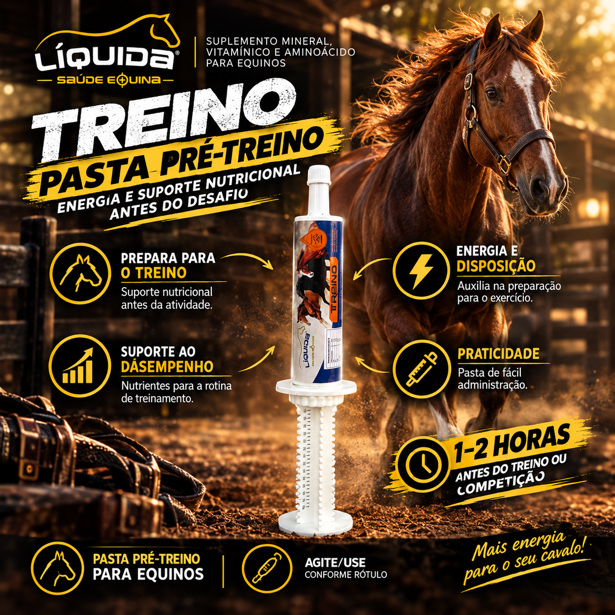 Pasta Pré-Treino Liquida Equinos — Suporte Nutricional para Cavalos Atletas Antes do Exercício